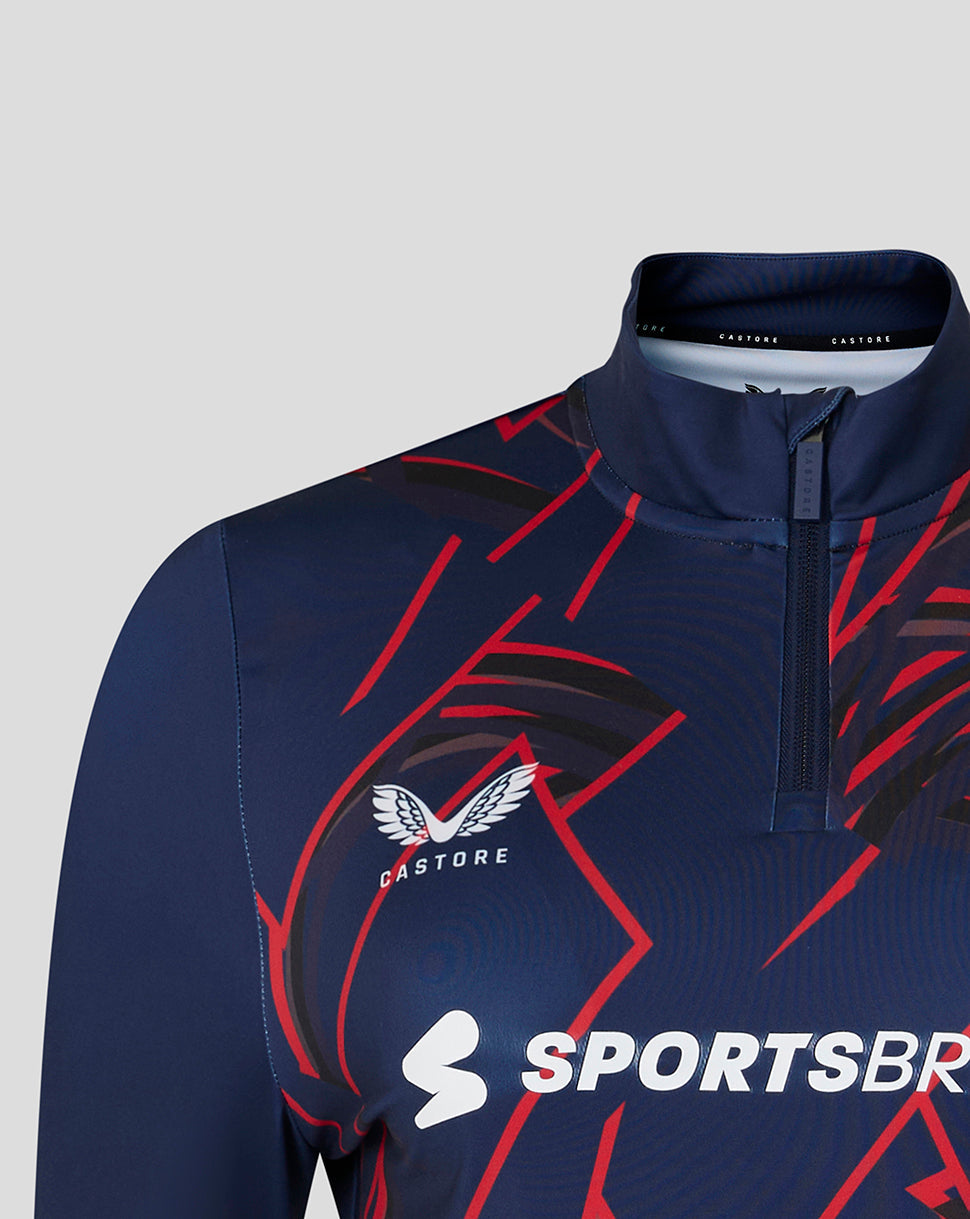 Close-up of navy quarter zip collar and shoulder with bold red geometric print
