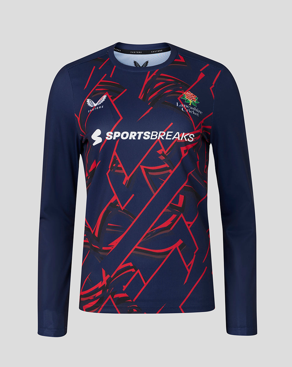 Front view of Lancashire Cricket women's 26/27 long sleeve performance T shirt in peacoat with red geometric graphics and SPORTSBREAKS logo
