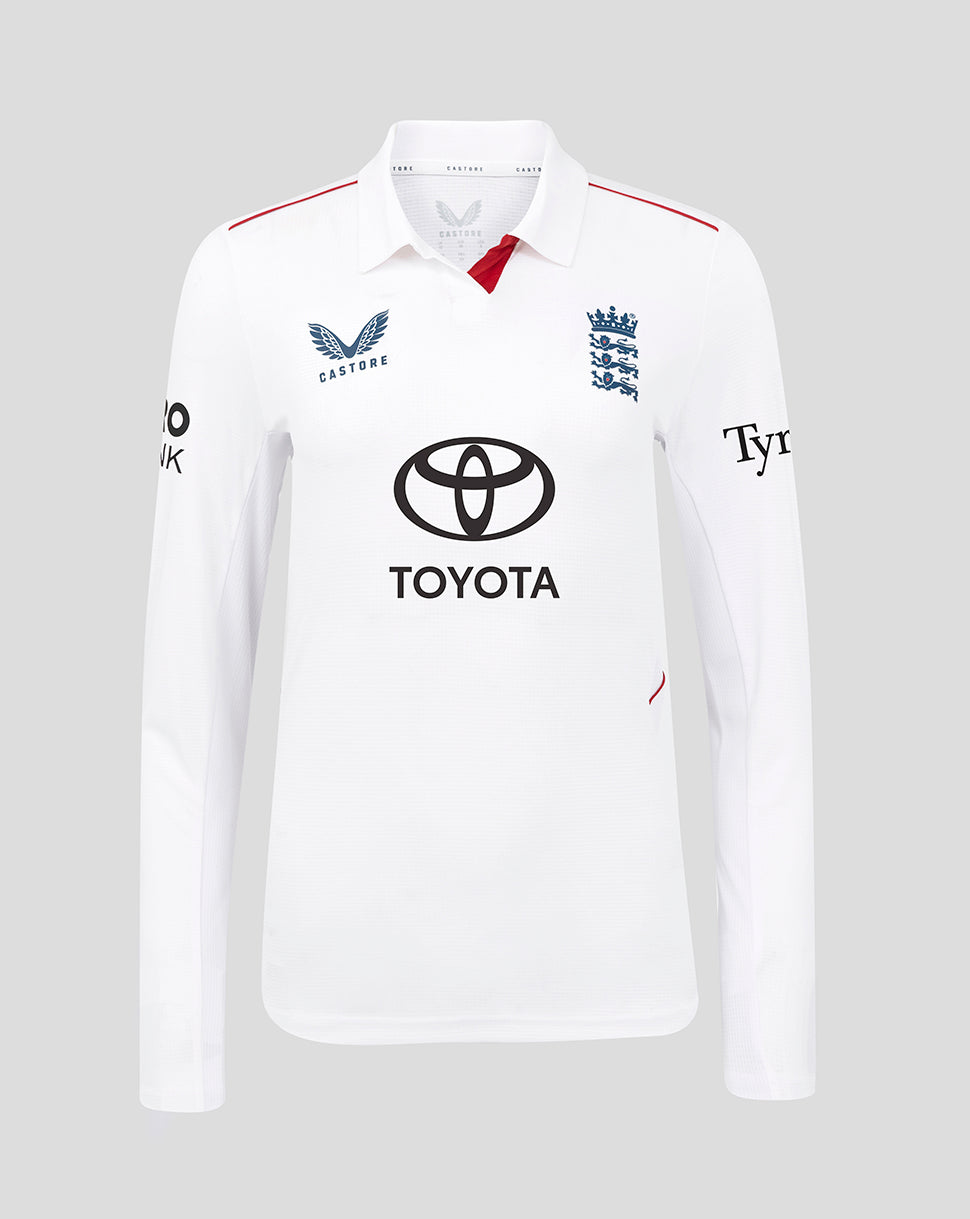 Front view of white England Women's 26/27 Test Pro Long Sleeve cricket shirt featuring Toyota logo, England crest, and red shoulder trim.
