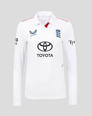 Front view of white England Women's 26/27 Test Pro Long Sleeve cricket shirt featuring Toyota logo, England crest, and red shoulder trim.