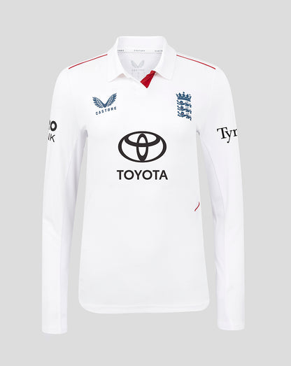 Front view of white England Women's 26/27 Test Pro Long Sleeve cricket shirt featuring Toyota logo, England crest, and red shoulder trim.
