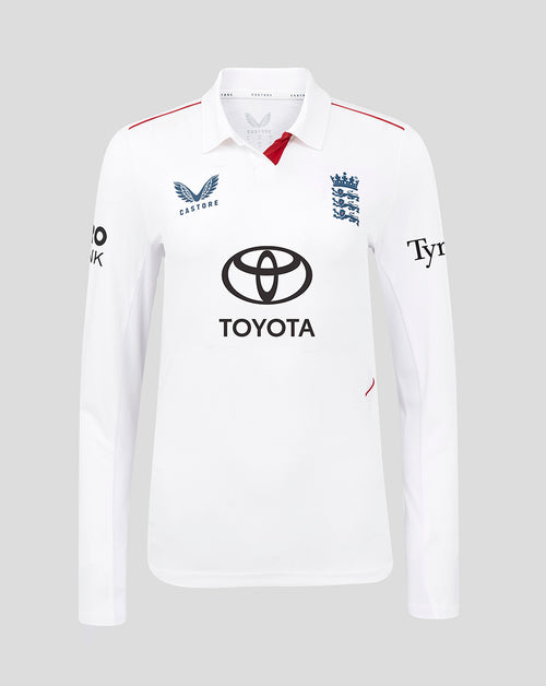 Front view of white England Women's 26/27 Test Pro Long Sleeve cricket shirt featuring Toyota logo, England crest, and red shoulder trim.
