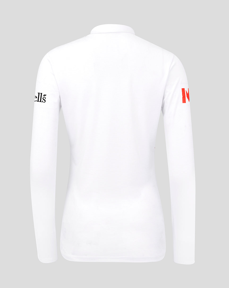 Back view of white England Women's 26/27 Test Pro Long Sleeve cricket shirt with clean silhouette and sleeve branding.