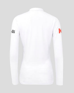 Back view of white England Women's 26/27 Test Pro Long Sleeve cricket shirt with clean silhouette and sleeve branding.