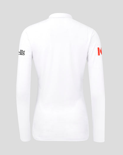 Back view of white England Women's 26/27 Test Pro Long Sleeve cricket shirt with clean silhouette and sleeve branding.