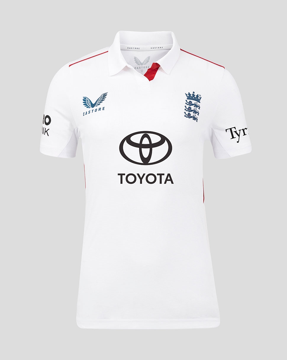 White England women's Test Pro polo with red collar, England crest and Toyota sponsor logo across the front.