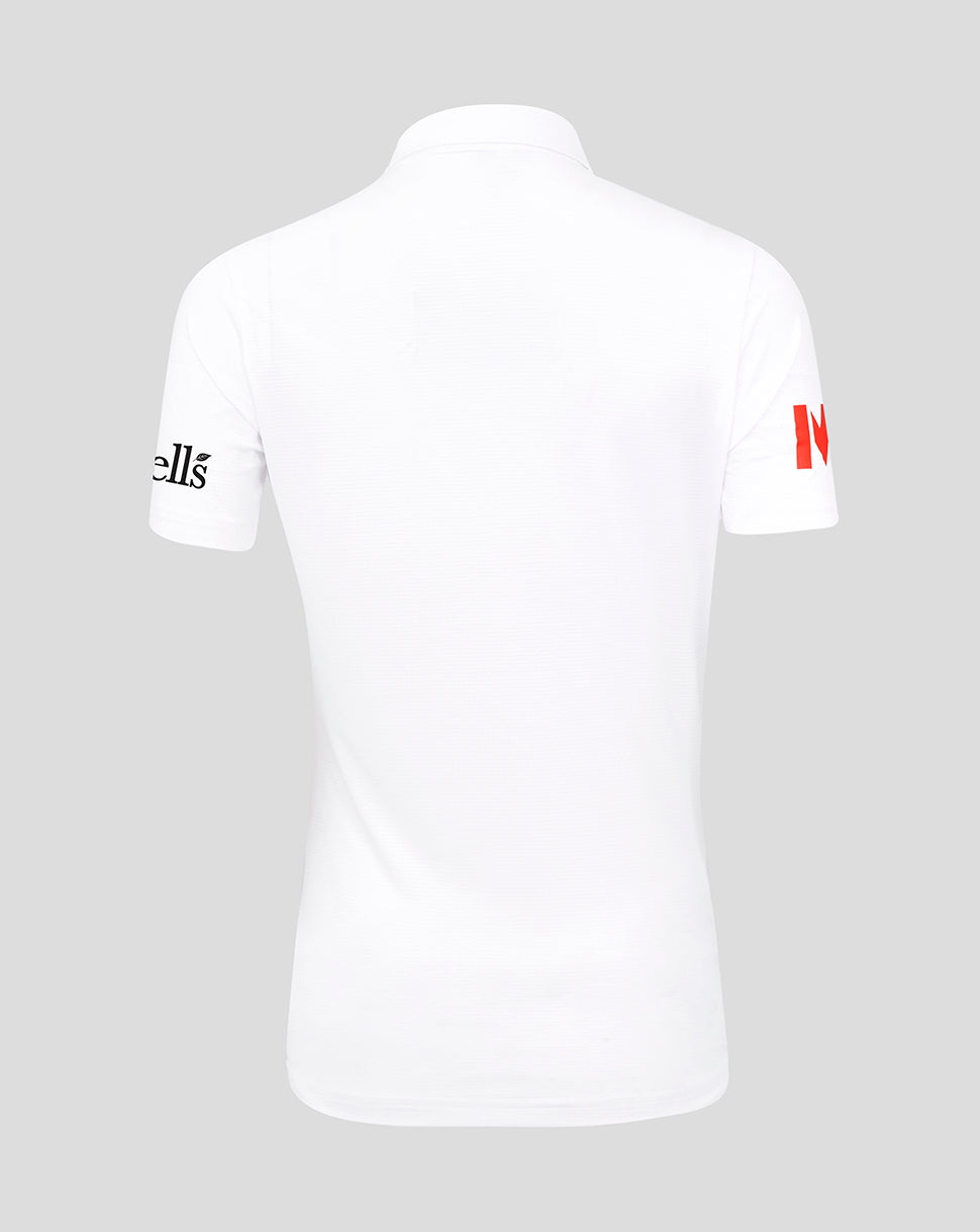 Back view of white England Women’s Test Pro short sleeve cricket shirt with sleeve branding