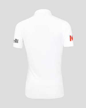 Back view of white England Women’s Test Pro short sleeve cricket shirt with sleeve branding