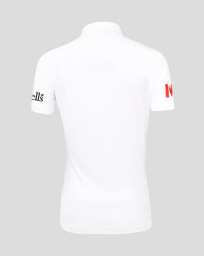 Back view of white England Women’s Test Pro short sleeve cricket shirt with sleeve branding