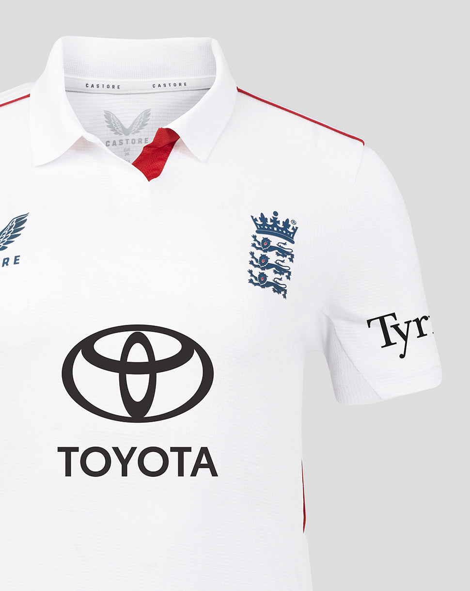 Front view of white England cricket polo shirt with crest on chest and Toyota sponsor
