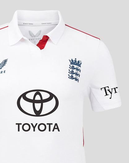 Front view of white England cricket polo shirt with crest on chest and Toyota sponsor