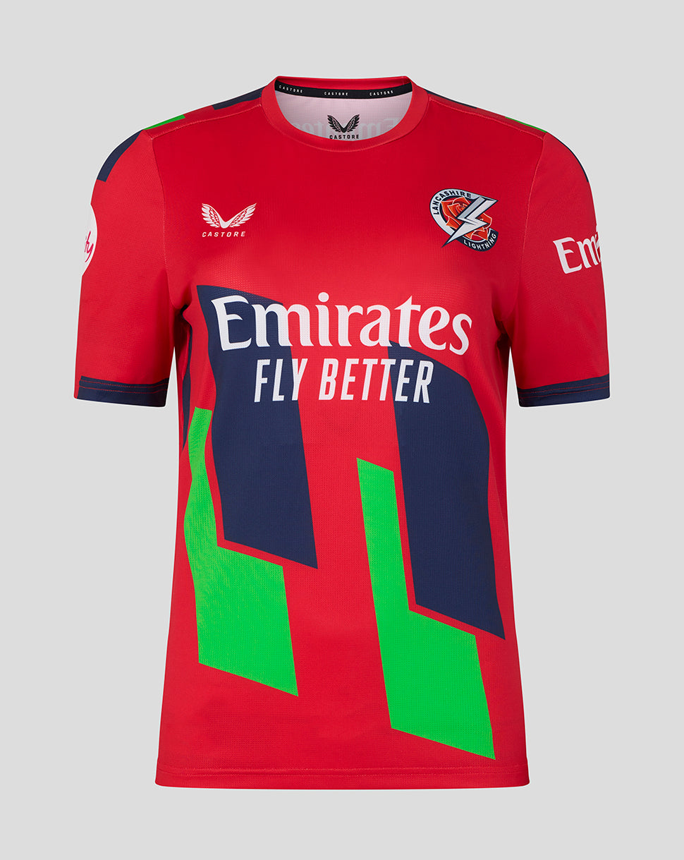 Red sports jersey with Emirates branding on a gray background