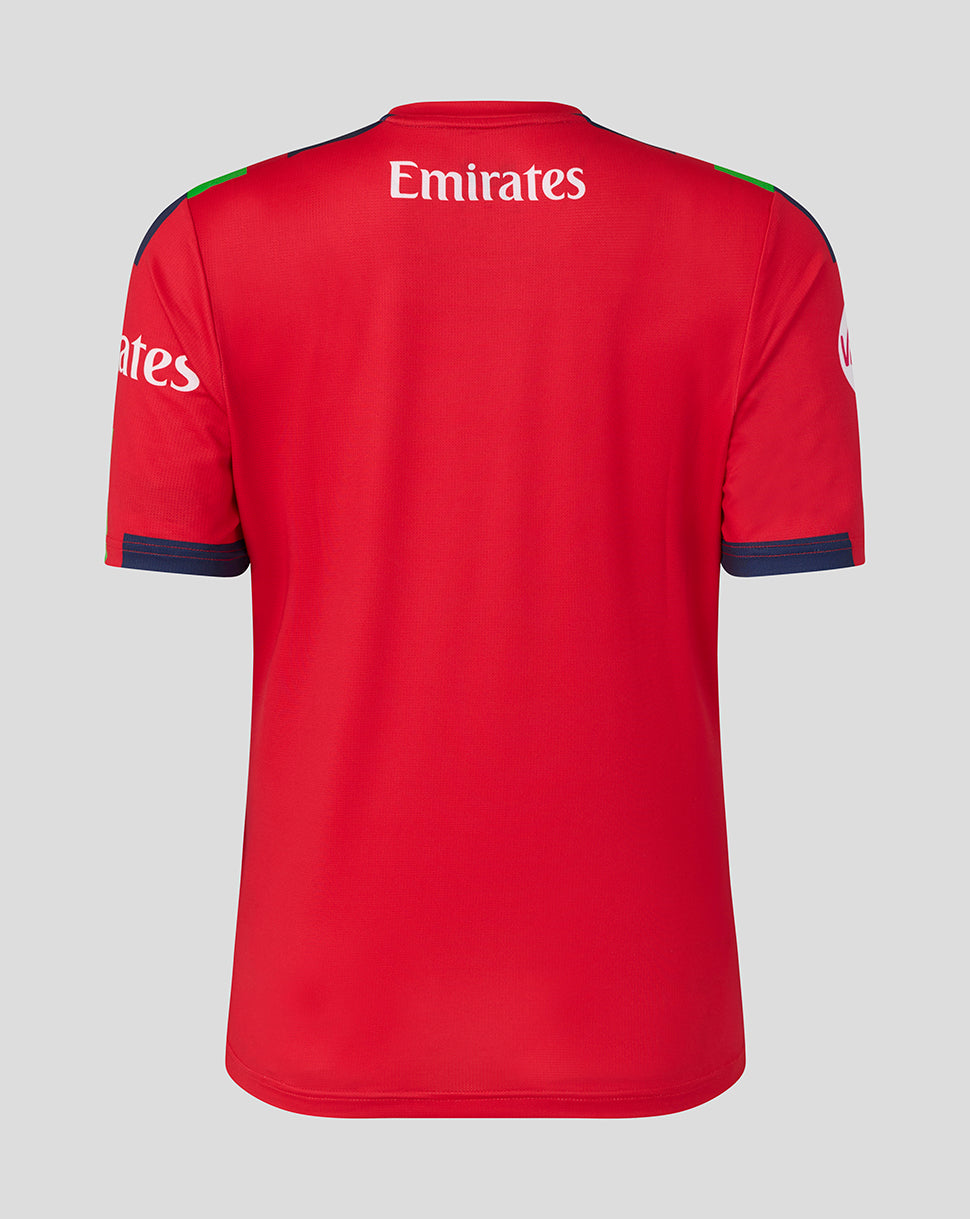 Red Lancashire women's 26/27 T20 jersey back view with Emirates sponsor across the upper back and blue sleeve trim