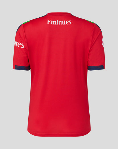 Red Lancashire women's 26/27 T20 jersey back view with Emirates sponsor across the upper back and blue sleeve trim