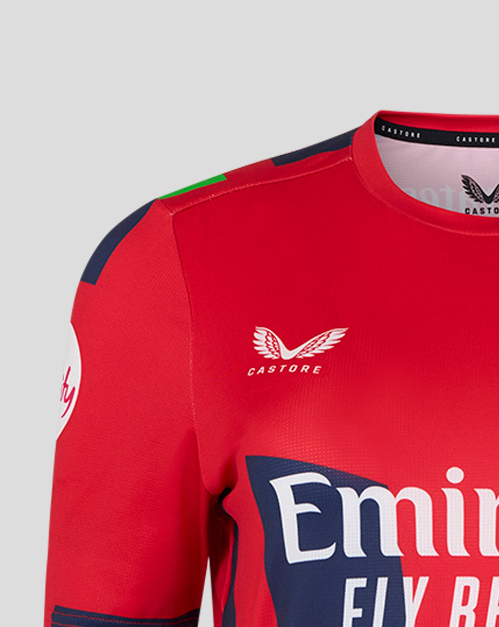 Red Lancashire T20 jersey chest featuring Lancashire Lightning crest and Emirates sponsor.