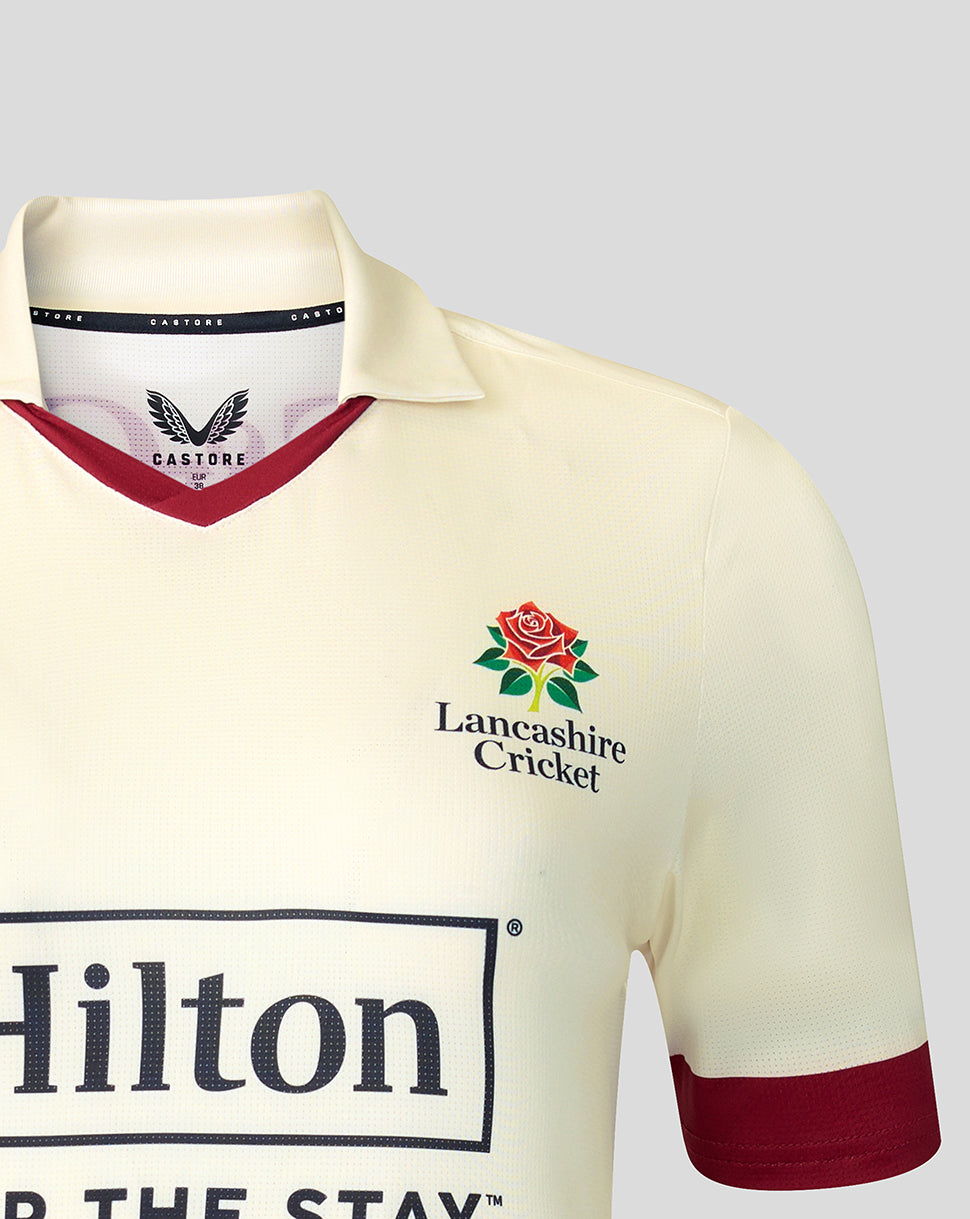 Lancashire Cricket women's cream County Champs short sleeve jersey with Red Rose crest and Hilton sponsor
