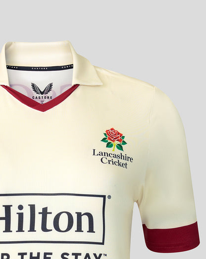 Lancashire Cricket women's cream County Champs short sleeve jersey with Red Rose crest and Hilton sponsor