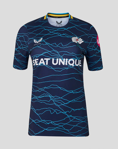 Yorkshire Cricket Women 26/27 T20 short sleeve jersey in peacoat navy with blue wave pattern and Seat Unique logo