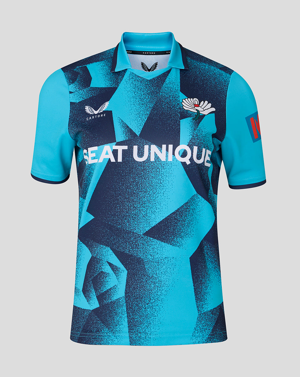 Aquarius ODI short sleeve jersey in turquoise with bold geometric blue pattern and Seat Unique sponsor