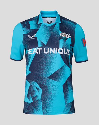 Aquarius ODI short sleeve jersey in turquoise with bold geometric blue pattern and Seat Unique sponsor