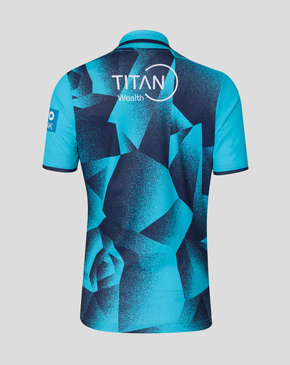 Back view of Aquarius ODI jersey in turquoise with blue geometric print and Titan Wealth logo