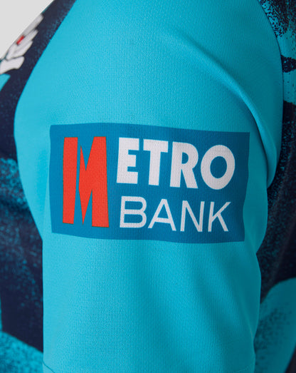 Detail of turquoise sleeve with Metro Bank logo on the Aquarius ODI jersey