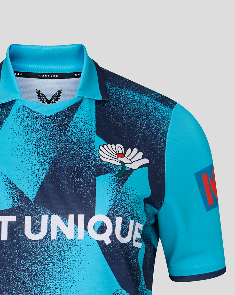 Close-up of Yorkshire Women's Aquarius ODI jersey showing collar chest pattern, team emblem and Metro Bank sponsor on sleeve