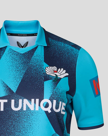 Close-up of Yorkshire Women's Aquarius ODI jersey showing collar chest pattern, team emblem and Metro Bank sponsor on sleeve
