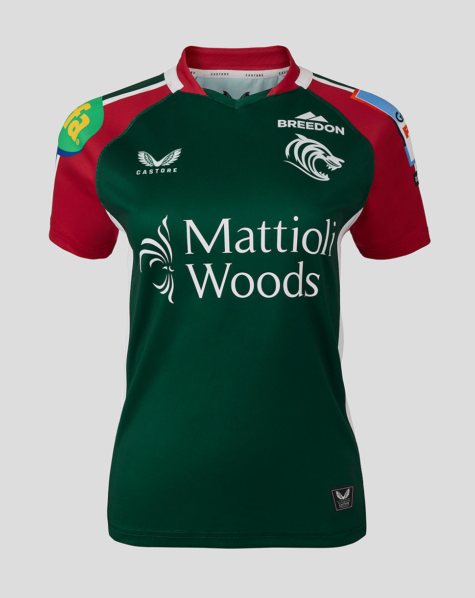 Front view of Leicester Tigers women's 25/26 replica home shirt in green with red sleeves and Mattioli Woods sponsor across chest