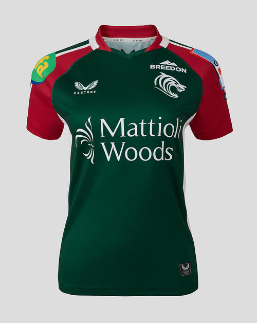 Front view of Leicester Tigers women's 25/26 replica home shirt in green with red sleeves and Mattioli Woods sponsor across chest