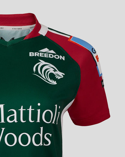 Chest area of Leicester Tigers replica shirt with Breedon logo and tiger emblem on dark green panel