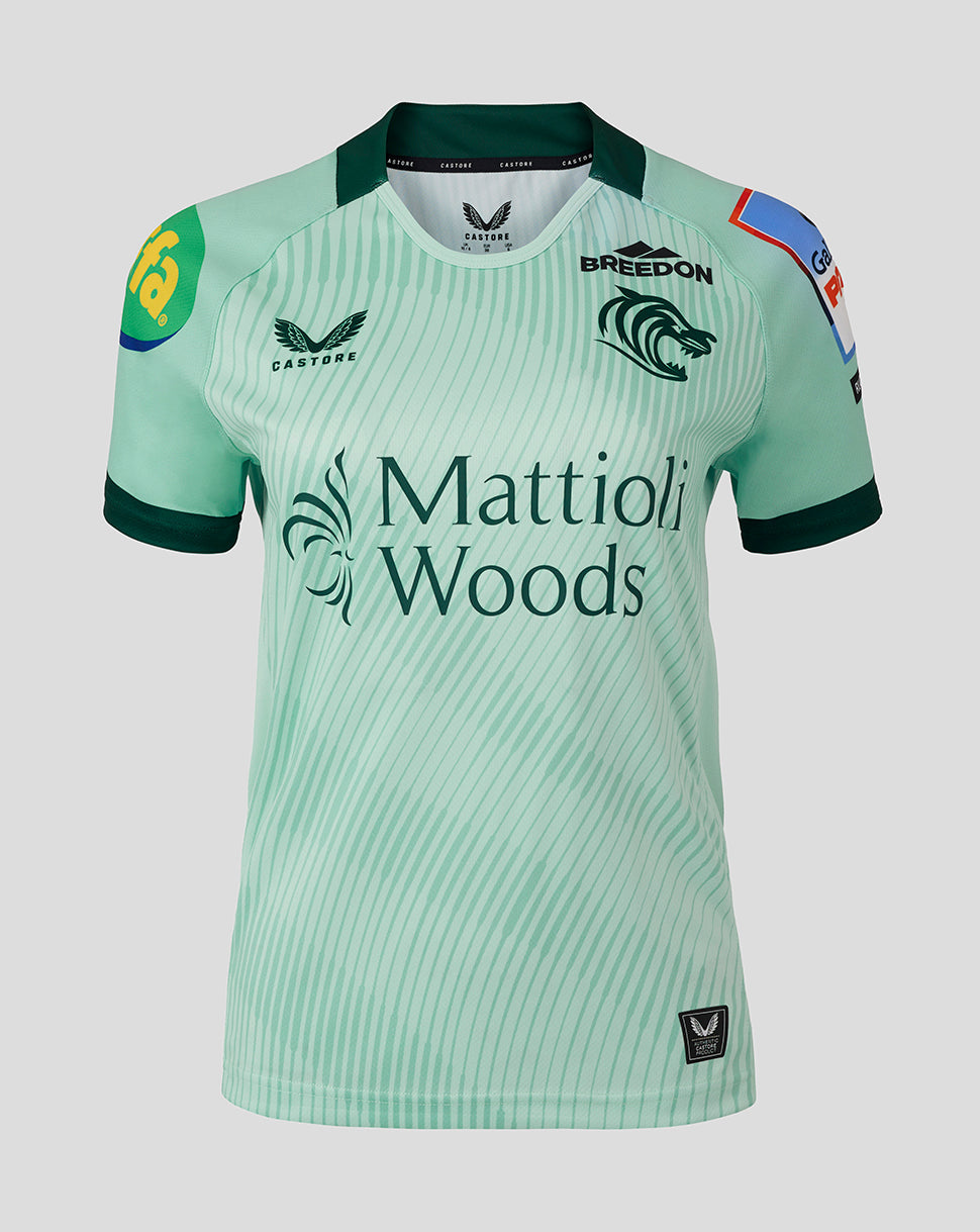 Front view of mint green Leicester Tigers women's replica away shirt featuring Mattioli Woods sponsor.