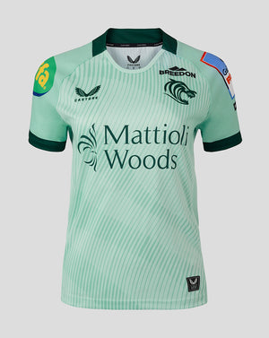 Front view of mint green Leicester Tigers women's replica away shirt featuring Mattioli Woods sponsor.