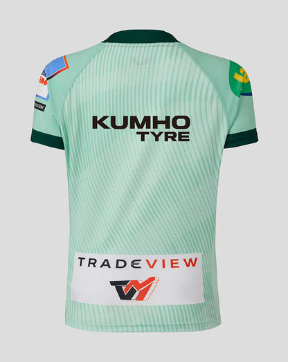 Back view of the mint green Leicester Tigers 25/26 replica away shirt with diagonal stripes, Kumho Tyre across the back and a TradeView patch at the lower hem.