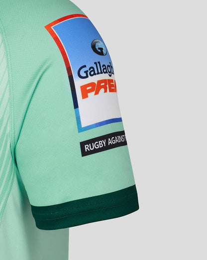 Sleeve patch of mint green Leicester Tigers away shirt featuring Gallagher Premiership logo and rugby against patch.