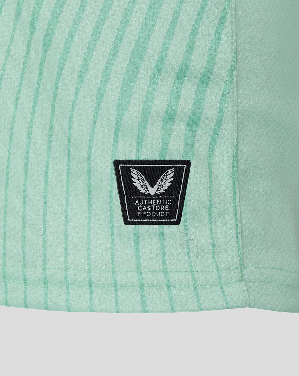 Mint green Leicester Tigers 25/26 replica away shirt close up showing vertical stripes and Authentic Castore Product patch.