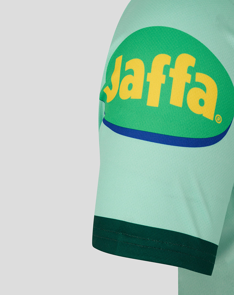 Leicester Tigers women's 25/26 replica away shirt sleeve with bright yellow Jaffa sponsor logo on a green circle.