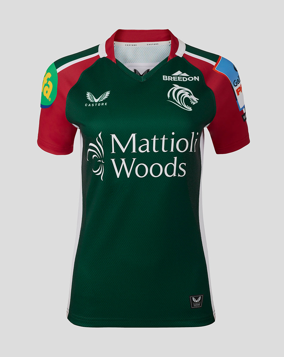 Front view of Leicester Tigers Women 25/26 Pro Home Shirt in green with red sleeves and Mattioli Woods sponsor.