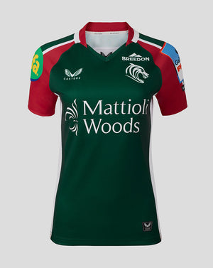 Front view of Leicester Tigers Women 25/26 Pro Home Shirt in green with red sleeves and Mattioli Woods sponsor.