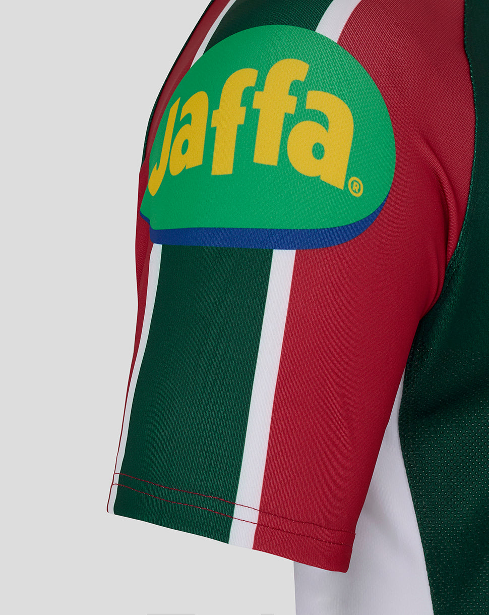Shoulder close up showing large laffa sponsor graphic on red green and white Leicester Tigers shirt