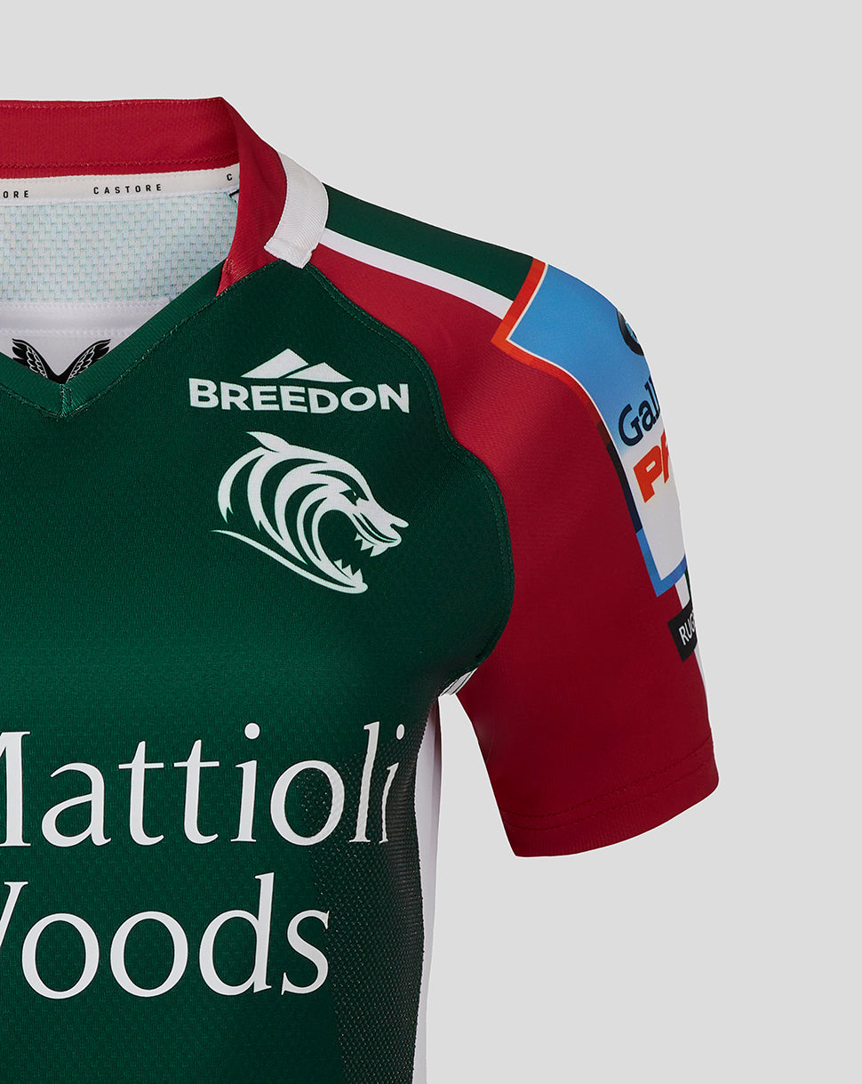 Upper chest close up showing Breedon logo and tiger head on Leicester Tigers Women 25/26 Pro Home Shirt.