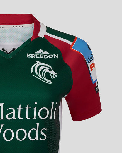 Upper chest close up showing Breedon logo and tiger head on Leicester Tigers Women 25/26 Pro Home Shirt.
