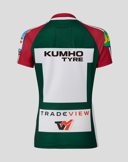 Back view of Leicester Tigers Women's 25/26 Pro Home Shirt in green white and red with Kumho Tyre sponsor panel