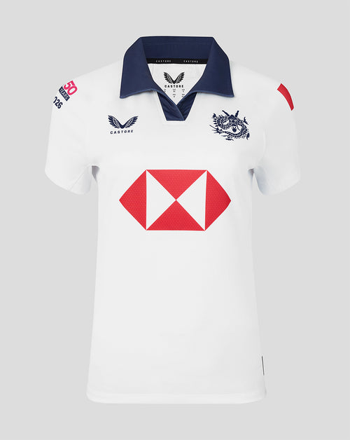 White Hong Kong China Rugby women's 2026 HK7s limited edition away replica jersey with navy collar and red HSBC sponsor logo.