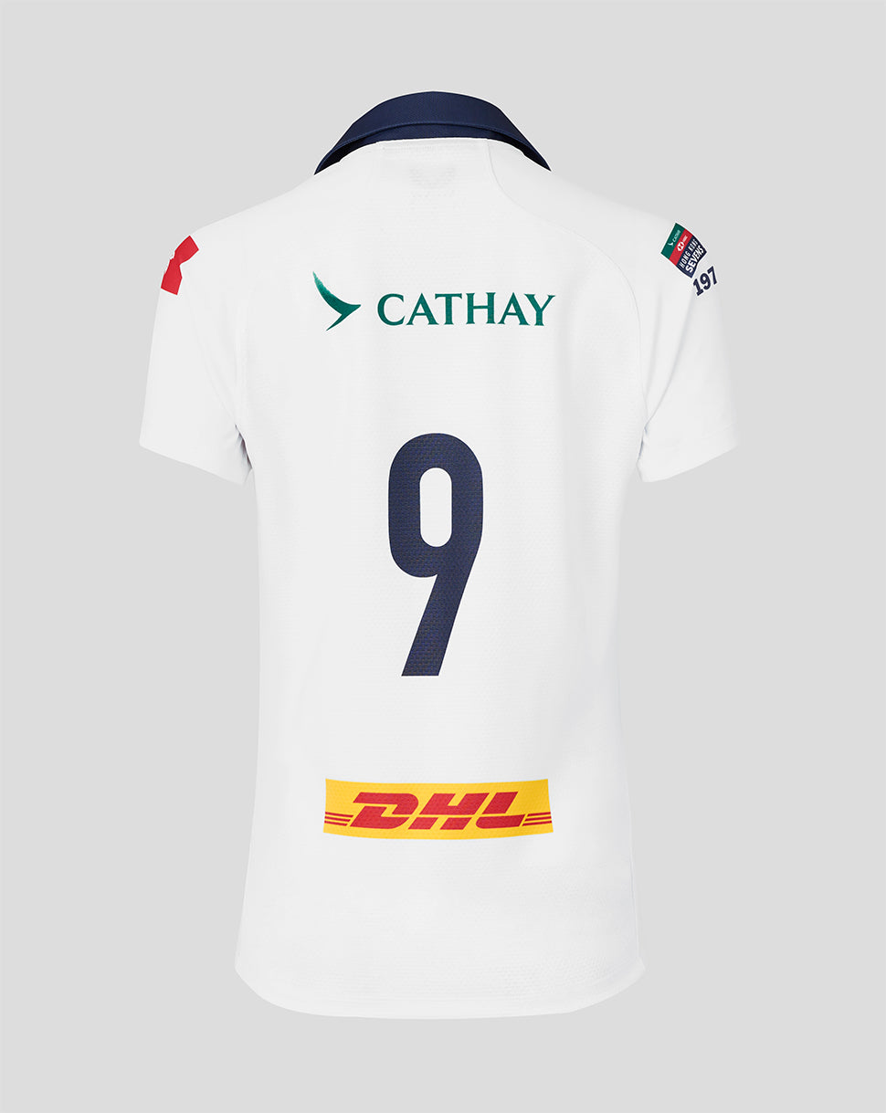 Back view of white HK7s away jersey with large navy number 9 and DHL sponsorship