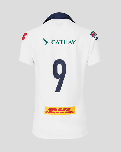 Back view of white HK7s away jersey with large navy number 9 and DHL sponsorship