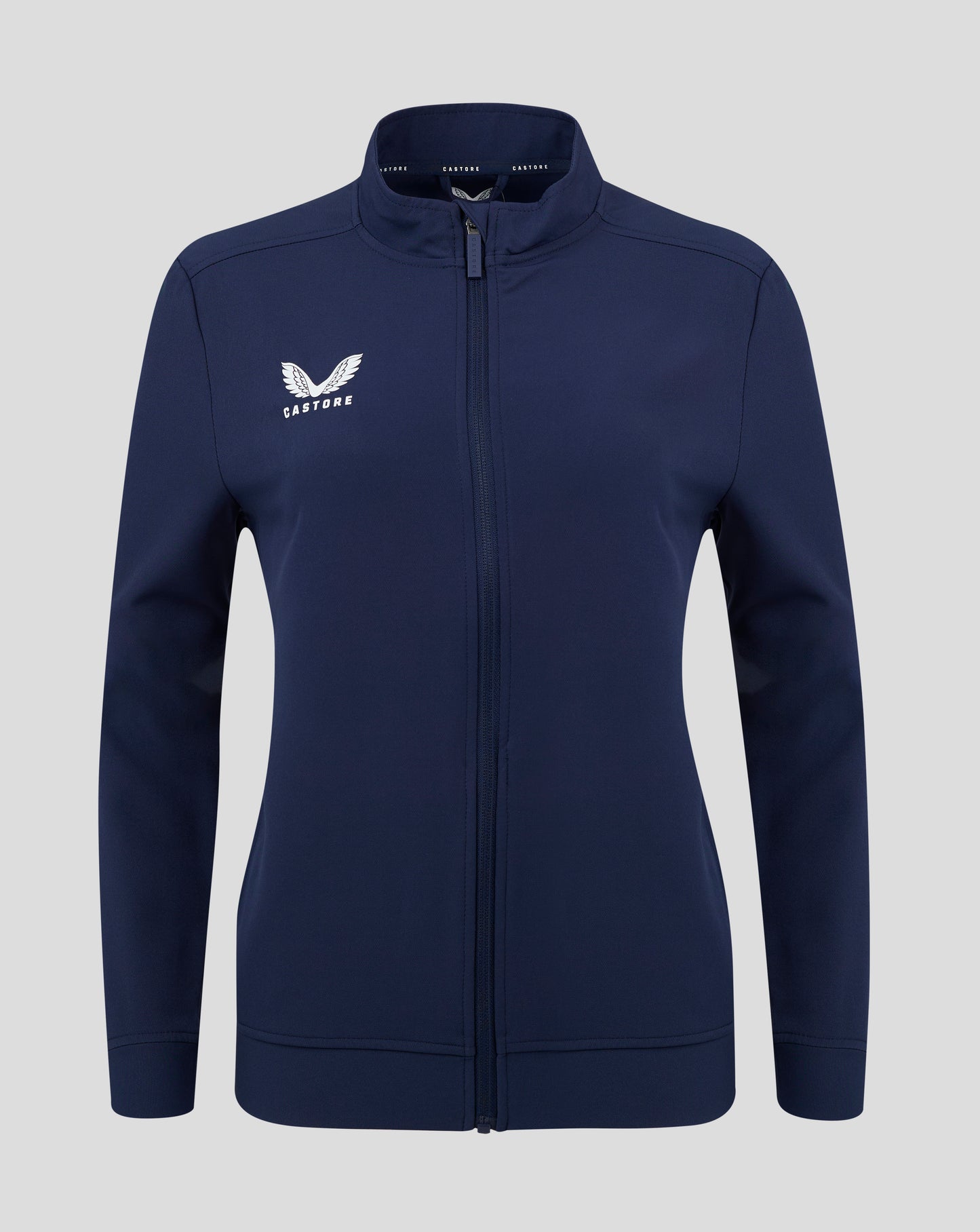Front view of navy Peacoat track jacket with full zip and white Castore logo on left chest