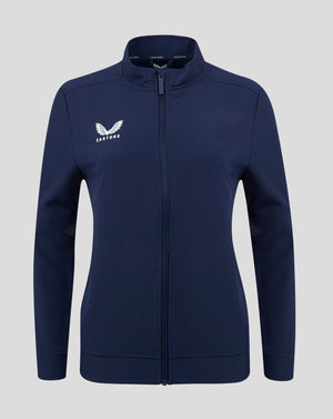 Front view of navy Peacoat track jacket with full zip and white Castore logo on left chest