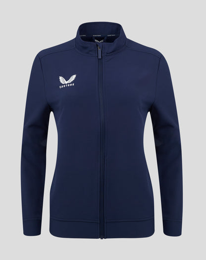 Front view of navy Peacoat track jacket with full zip and white Castore logo on left chest