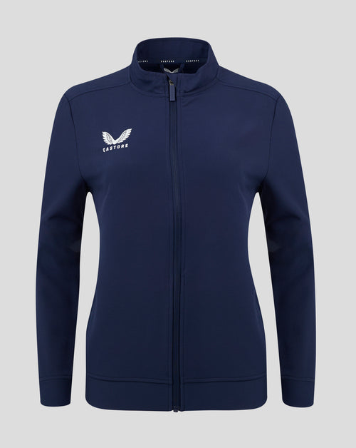 Front view of navy Peacoat track jacket with full zip and white Castore logo on left chest